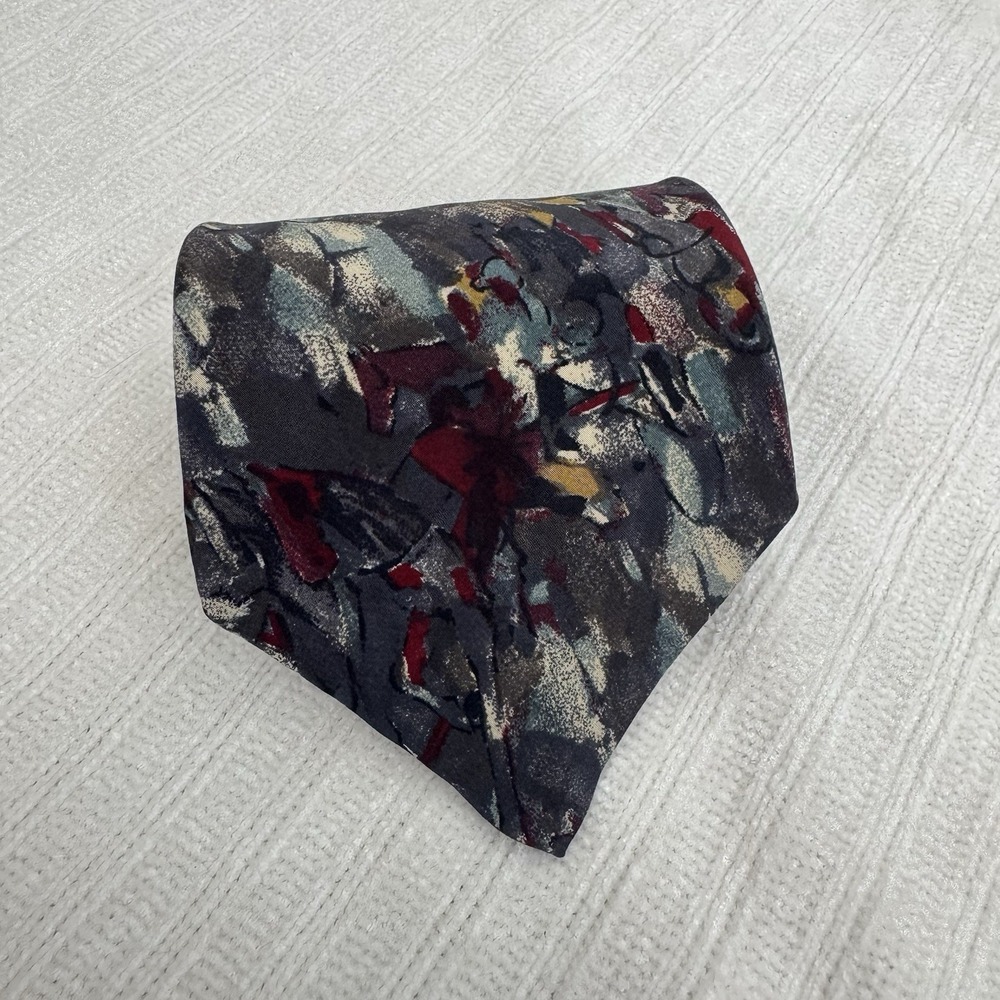 Ultra Silk Tie Abstract Pattern Italian‎ Silk USA Gray Red Blue Y2K